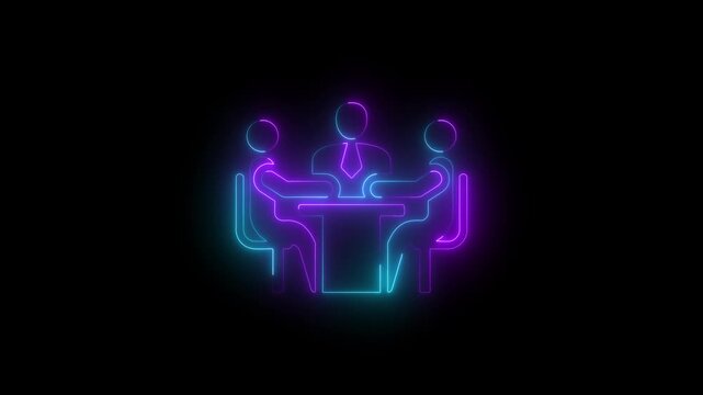 Three neon people sitting at a table with a speech bubble containing metting marks animated on the black background