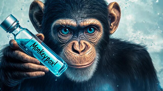 Monkeypox research study featuring a chimpanzee holding a vaccine vial in a laboratory setting