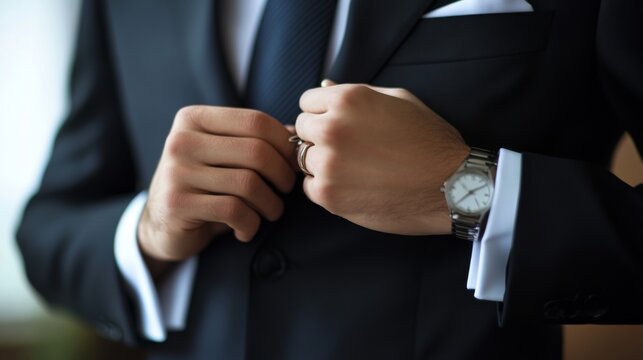A close-up shot of a man wearing a black suit and adjusting his jacket cuffs, showcasing a luxurious watch on his wrist, representing elegance and sophistication.