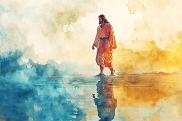 Digital watercolor  jesus displays faith walking on water, showcasing divine power