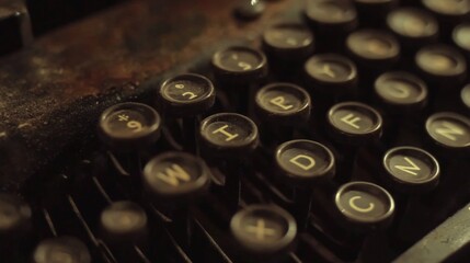 A detailed close-up of an old, rustic typewriter capturing its weathered and worn-out keys arranged in a unique pattern, emphasizing vintage aesthetics and nostalgic charm.