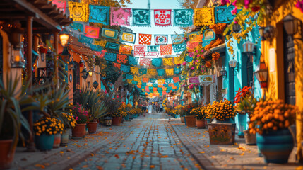 A lively street festival with colorful decorations, dancing, and traditional music