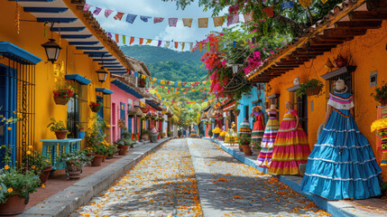 Obraz premium A lively street festival with colorful decorations, dancing, and traditional music