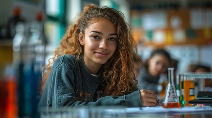portrait of student  in a college classroom