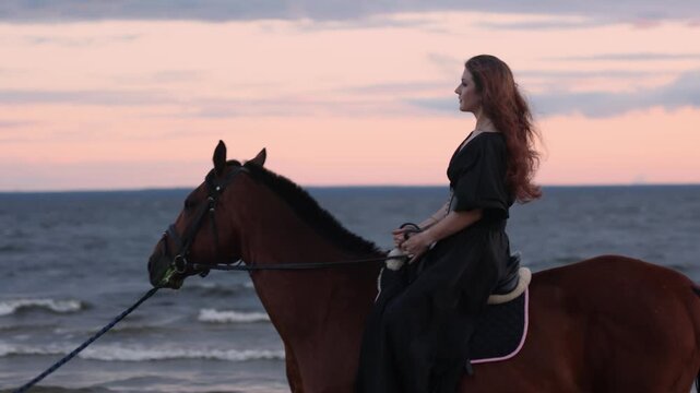 beautiful young rider in a dress and with her hair down, leads her horse along the beach. horseback riding in the open air