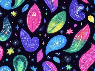 Seamless pattern with a glowing electric neon bandana in pink, lime green, and blue on a black background
