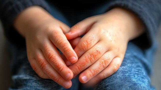 Close-up of a child's hands with visible textures and orange markings.