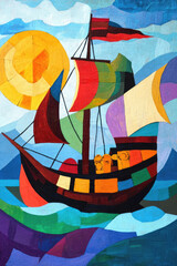 Fototapeta premium Colorful abstract sailboat sailing under a bright sun on a sunny day