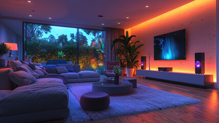 A modern living room with smart home devices, including smart speakers, lighting, and a home automation system
