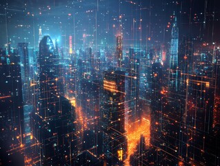 Obraz premium Futuristic urban grid digital transformation in cityscape with illuminated connectivity