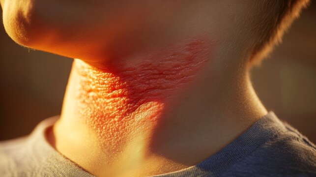 Dermatographism skin reaction on child's neck showing raised red welts from scratching