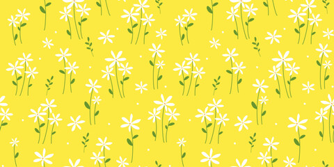 Seamless pattern with cute white daisy flowers on a yellow background. Summer delicate bloom print. Vector graphics.