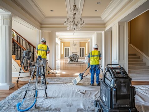 Cleaning service workers using professional equipment to clean home post renovation