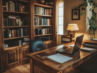 Modern cozy workspace with laptop, books, and documents on wooden desk in home office setting
