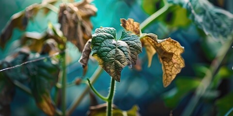 Fototapeta premium Dried leaves on cucumber plant due to improper care in indoor pot cultivation