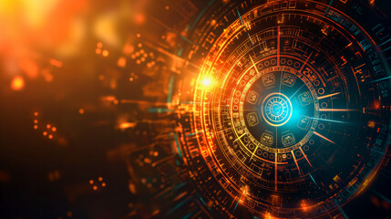 Obraz premium A digital artwork featuring a glowing, mechanical circular design with intricate details, emitting radiant light and energy, set against a dark, futuristic backdrop.