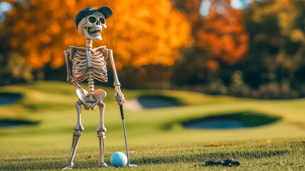 Halloween skeleton playing golf in golf field