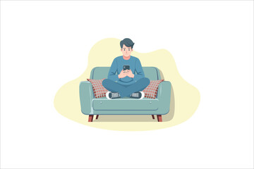 A young man sitting on a sofa and holding a smartphone. Relax and communication. Hand drawn vector colorful cartoon style illustration