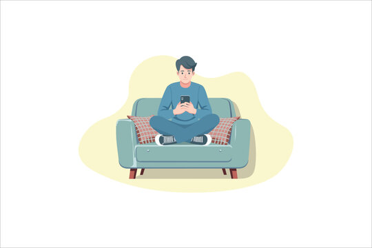 A young man sitting on a sofa and holding a smartphone. Relax and communication. Hand drawn vector colorful cartoon style illustration