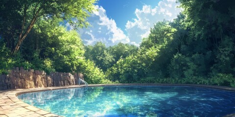 anime-style Enchanted Summer Swimming Pool: Pristine Waters and Lush Surrounding Greenery Beckon for a Relaxing Vacation Amidst the Warm Sunshine,Anime-Style,illustration,Picture BooksFor Poster,Novel