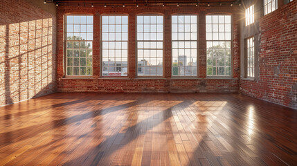 a spacious, empty studio with a wooden floor, a brick wall, and large windows that flood the room with natural light, perfect for dance or creative activities.