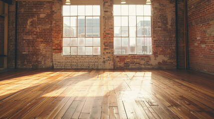 a spacious, empty studio with a wooden floor, a brick wall, and large windows that flood the room with natural light, perfect for dance or creative activities.