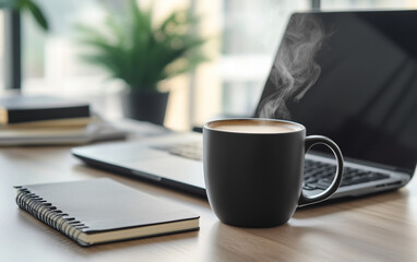 Steaming coffee mug placed next to a laptop and notebook on a modern desk