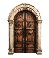 Beautiful antique wooden door with an arch isolated on a white and transparent background. PNG.