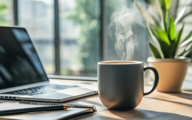 Steaming coffee mug placed next to a laptop and notebook on a modern desk