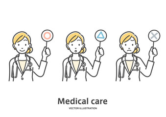 まる、三角、バツの看板で回答する女性医師