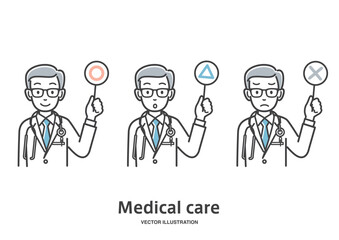 まる、三角、バツの看板で回答する男性医師