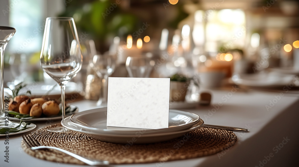 Wall mural A blank white place card mockup sitting on top of fine china plates at an elegant dinner party