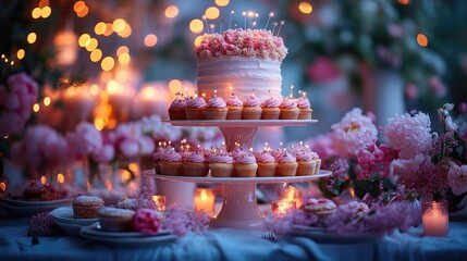 Birthday Cake and Cupcakes with Sparkler Candles on a Table with Flowers