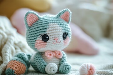 Charming photography shot of an adorable pastel crocheted cat toy in soft, cute colors