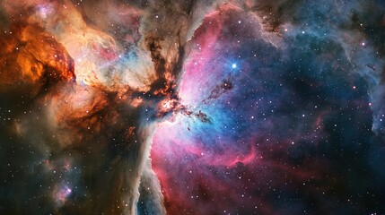 Fototapeta premium A bright and colorful nebula with swirling gases and stars forming in deep space