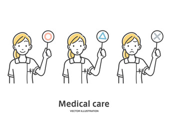 まる、三角、バツの看板で回答する女性看護師