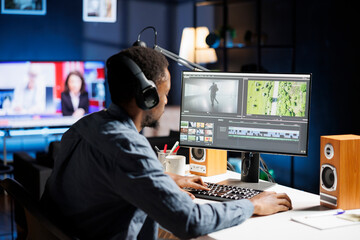 African american editor working on video montage with color correction software at home, creating visual effects on videography interface. Media designer editing film segments.