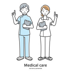 説明する看護師の男女の全身イラスト