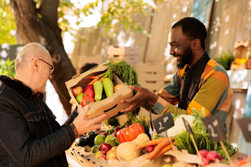 Elderly man buying various seasonal fruits and vegetables at farmers market during autumn. Smiling African American vendor offering homegrown organic sustainable produce to senior customer.