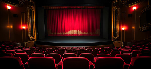 Empty Theater with Red Velvet Seats and Closed Curtain: Ready for the Show to Begin. Entertainment, Performance Arts, Theater Concept. Grand Theater & The Magic of Performance