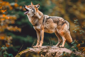 Fototapeta premium A wolf howls in the wilderness. AI.