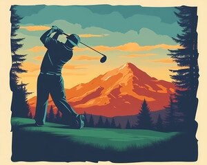 vintage golf poster: Retro Vintage Golf Tournament Poster with Classic Golfer Illustration and Scenic Course, vintage golf,golf poster