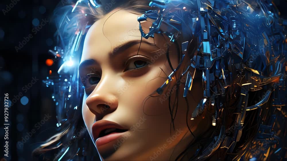 Poster connection of human woman and artificial intelligence robot. the concept of merging a person and a c