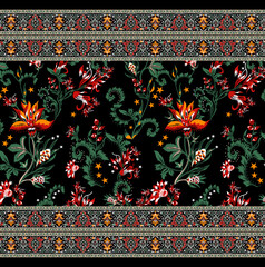 Colorful asian style floral pattern. Dark background floral tapestry. paisley pattern with traditional indian style, design for decoration and textiles