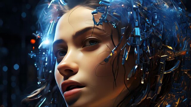 Connection of human woman and artificial intelligence robot. The concept of merging a person and a computer with neural networks in the future
