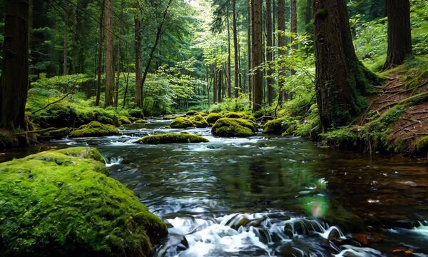 a stream running through a lush green forest