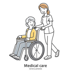 車椅子に乗る年配の女性を介助する看護師