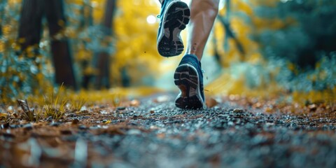 Close up of a runner s shoe in mid stride showcasing the motion on the park trail