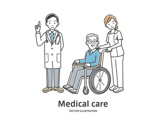 車椅子を押す看護師と高齢女性と医者のイラスト