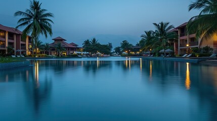 Obraz premium Tranquil Evening at a Luxury Resort with Palm Trees and Reflective Pool